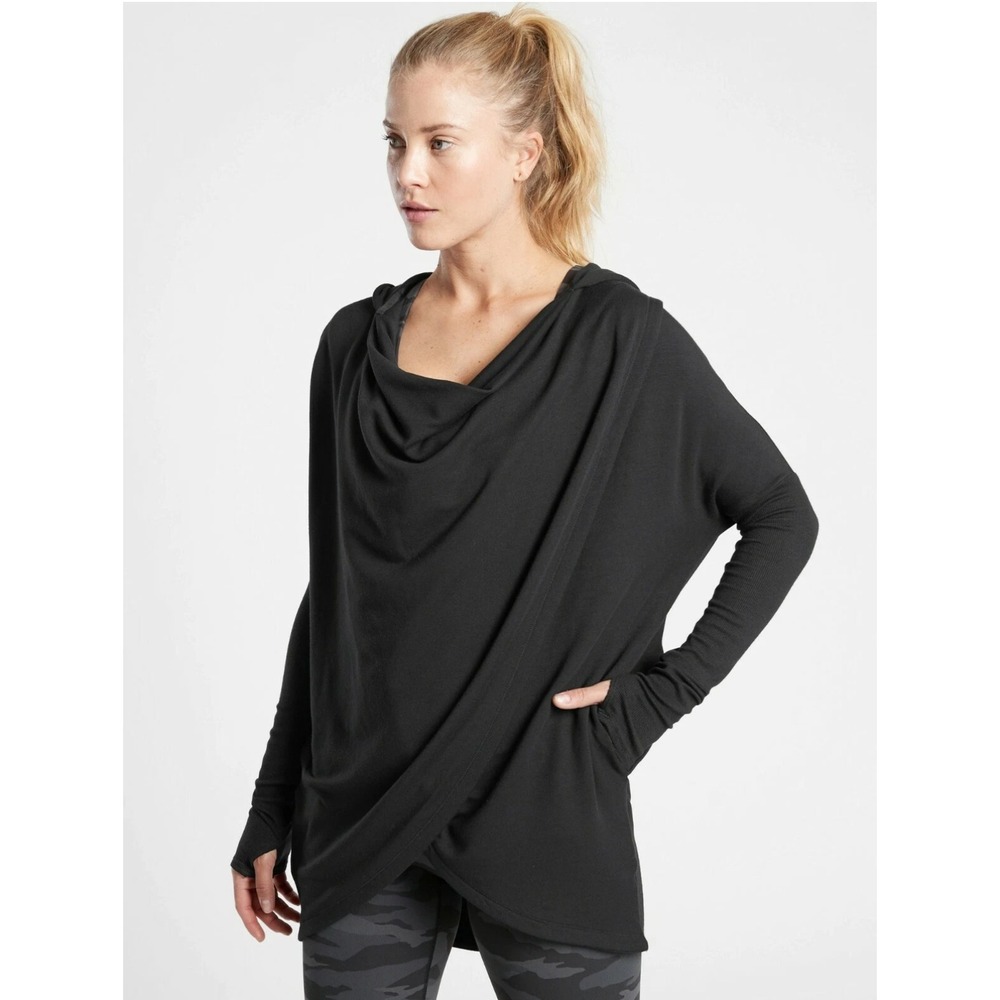 Athleta Purana Magnetic Wrap Cardigan Pockets Size Medium Black Minimalist
